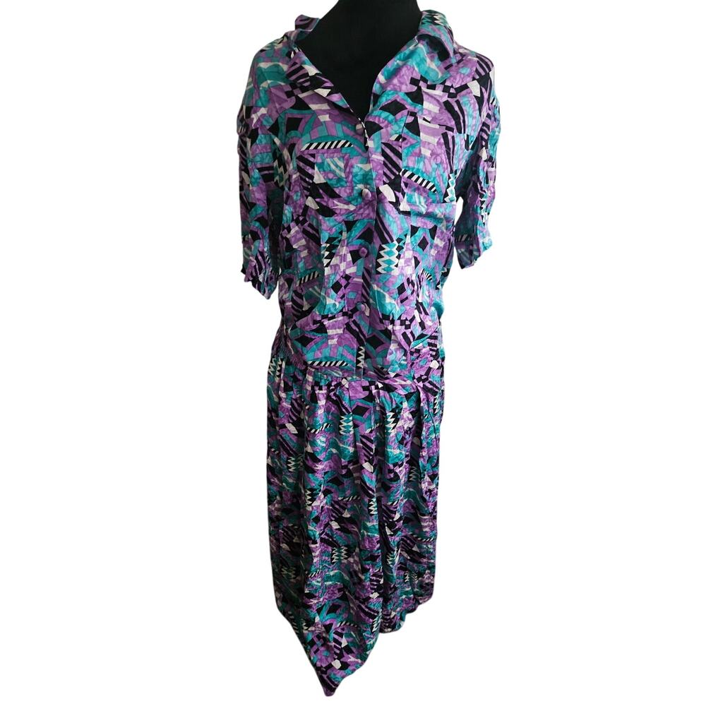 Doncaster Silks 100% Silk Dres 80s 90s Vintage Purple Teal Geometric 2 piece